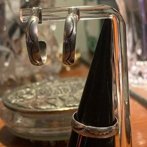 Vintage Navajo Sterling Hand Stamped "Thunder" Ring & Matching Half Hoop Post